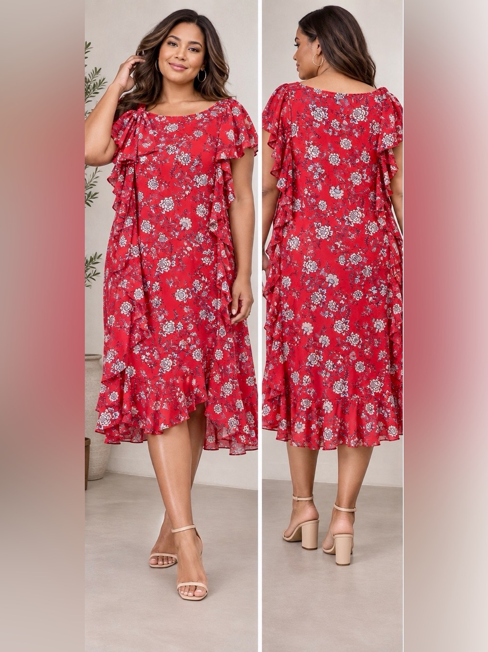 Max Studio Red Floral High-Low Ruffle Midi Dress